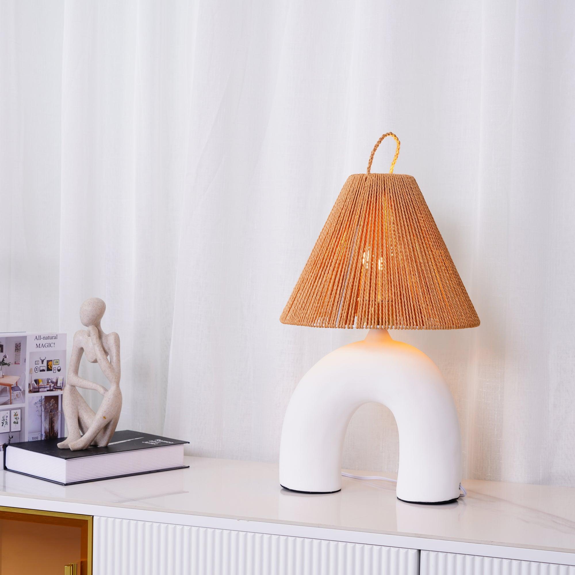 Sculptural Arched Ceramic Table Lamp with Braided Rope Shade and Handcrafted Base