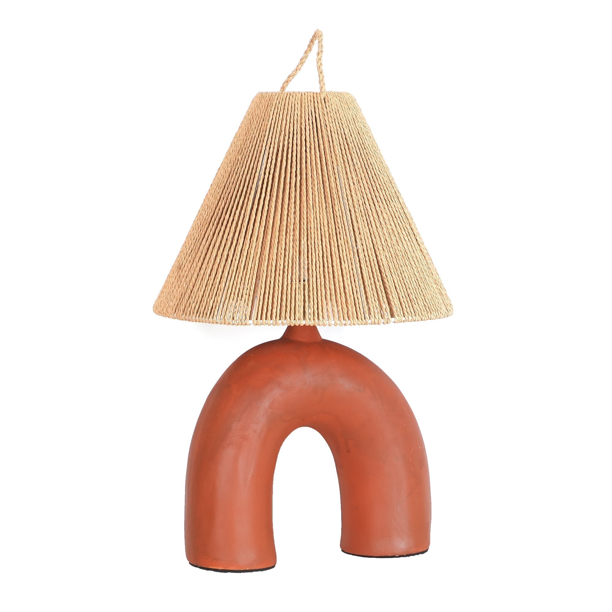 Sculptural Arched Ceramic Table Lamp with Braided Rope Shade and Handcrafted Base