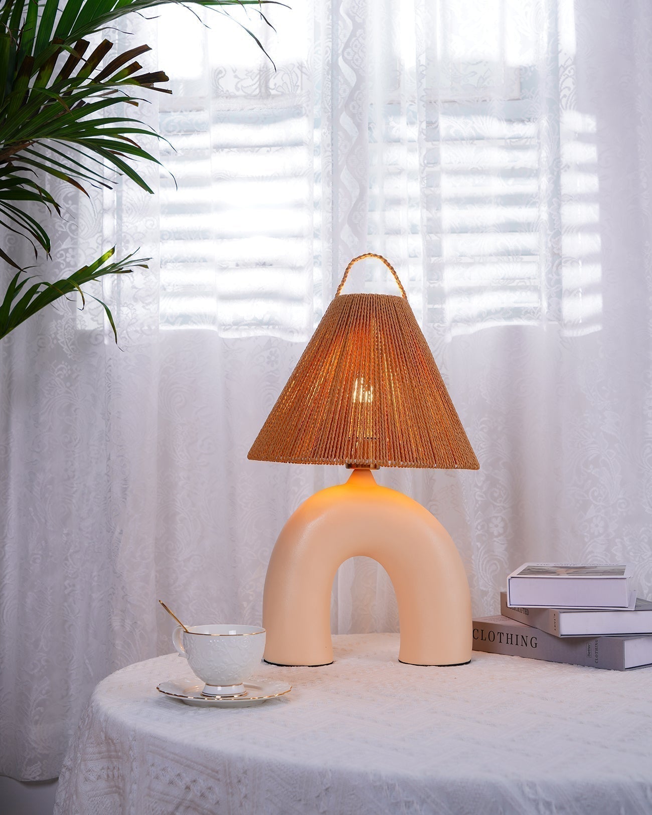 Sculptural Arched Ceramic Table Lamp with Braided Rope Shade and Handcrafted Base
