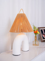 Sculptural Arched Ceramic Table Lamp with Braided Rope Shade and Handcrafted Base