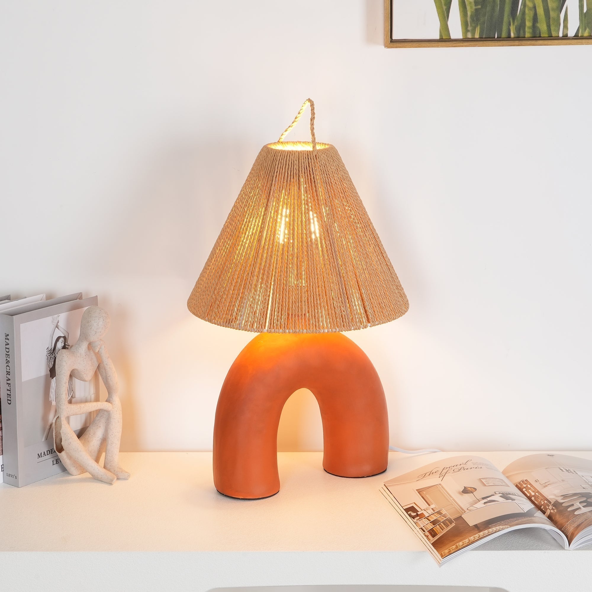 Sculptural Arched Ceramic Table Lamp with Braided Rope Shade and Handcrafted Base