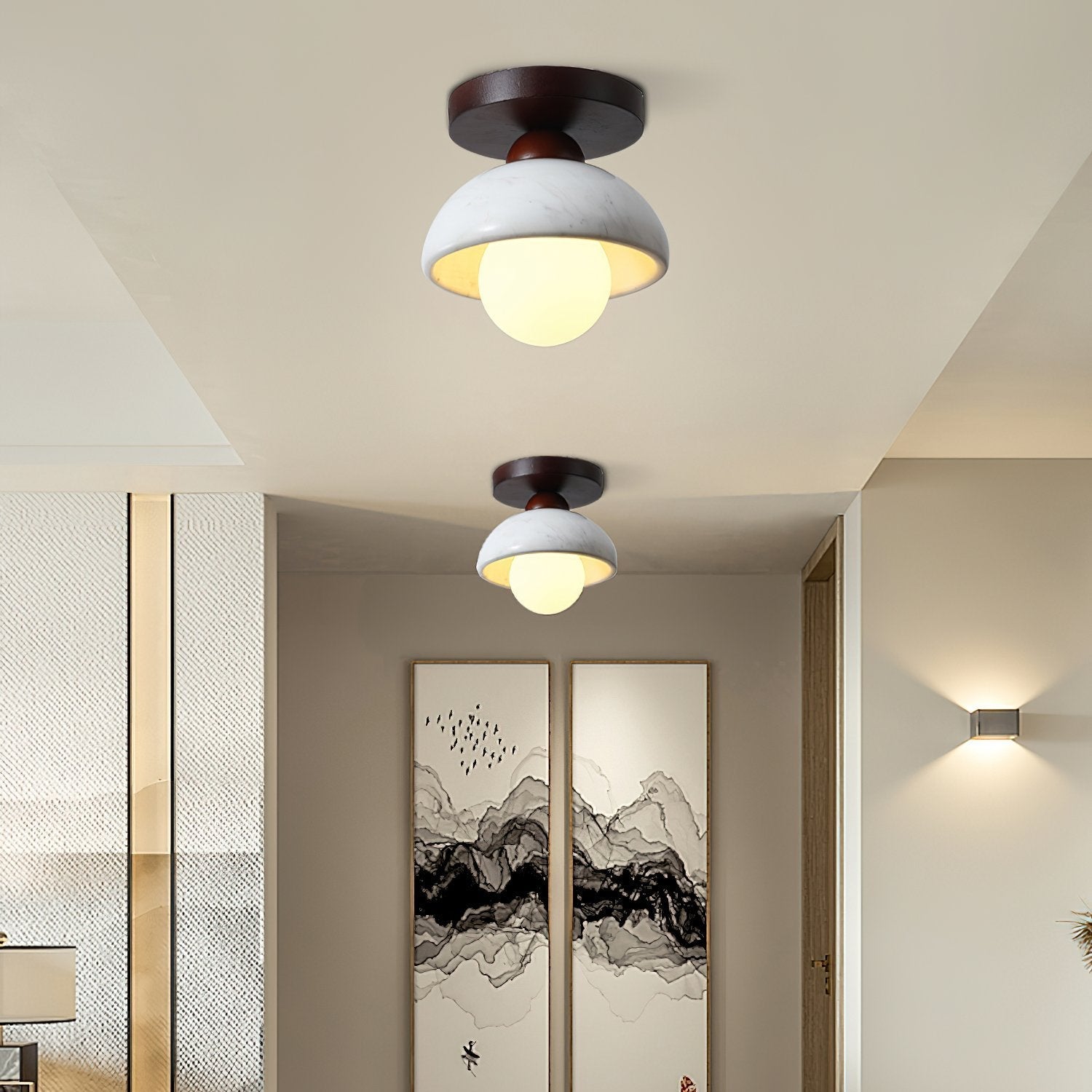 modern-walnut-wood-and-ripple-marble-flush-mount-ceiling-light-with-globe-glass-shade