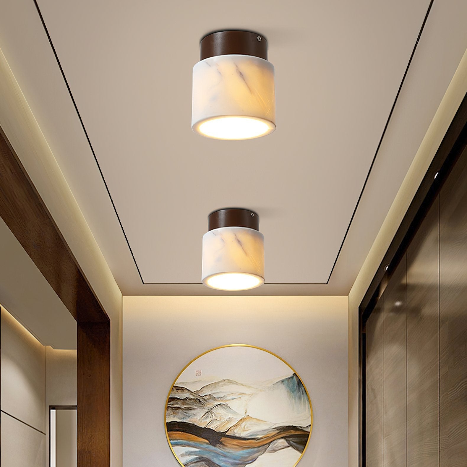 modern-walnut-wood-and-ripple-marble-flush-mount-ceiling-light-with-globe-glass-shade