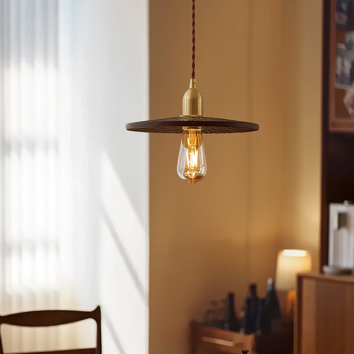 mid-century-modern-walnut-and-brass-flying-saucer-pendant-lamp-for-dining-room-and-bedroom