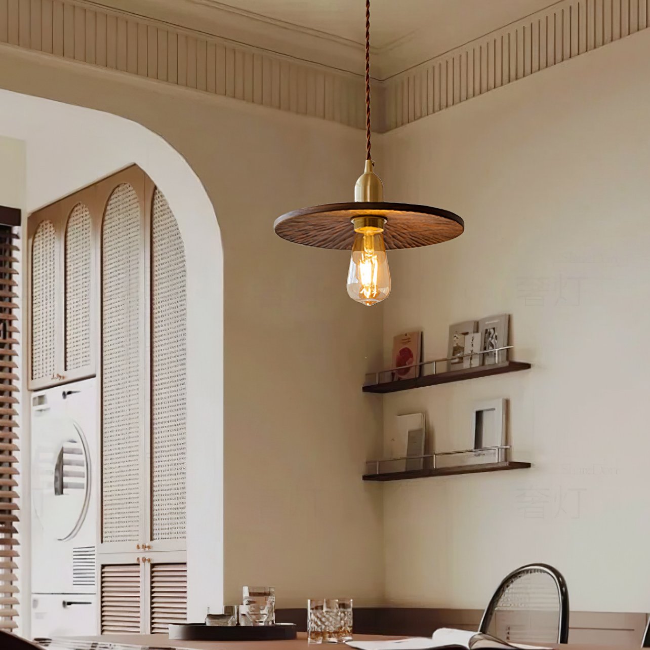 mid-century-modern-walnut-and-brass-flying-saucer-pendant-lamp-for-dining-room-and-bedroom