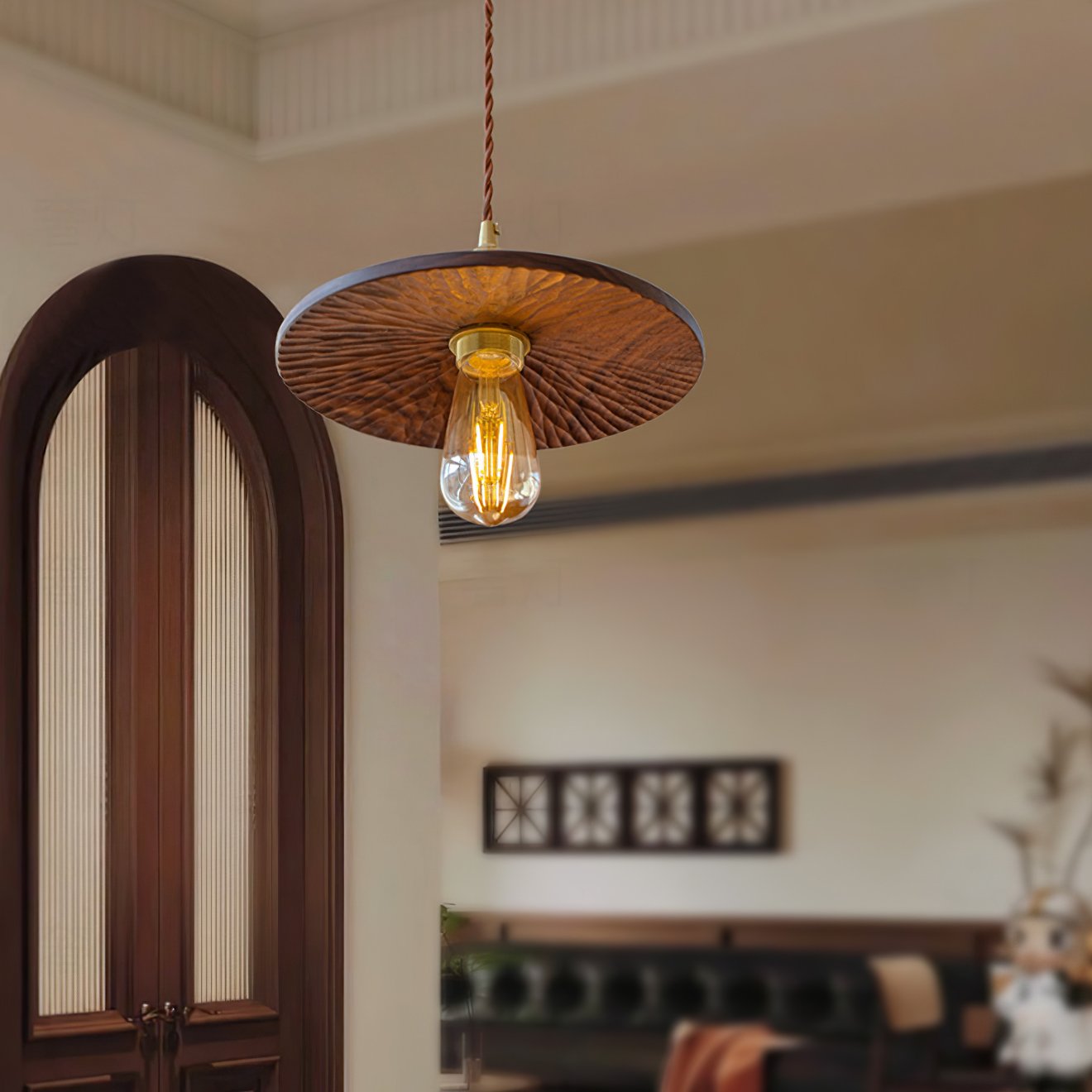 mid-century-modern-walnut-and-brass-flying-saucer-pendant-lamp-for-dining-room-and-bedroom