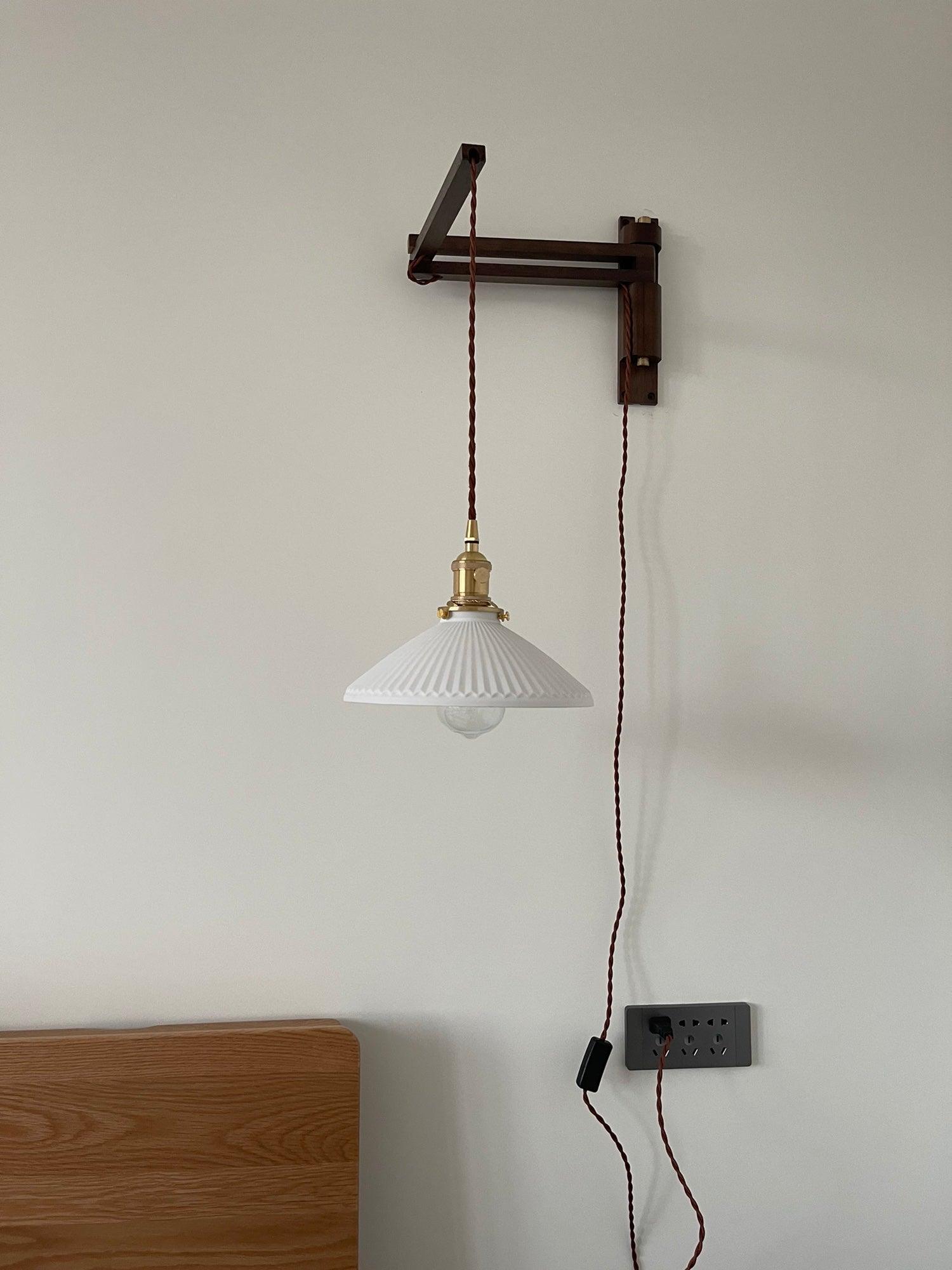 modern-walnut-wood-retractable-wall-sconce-with-pleated-ceramic-shade-and-adjustable-arm