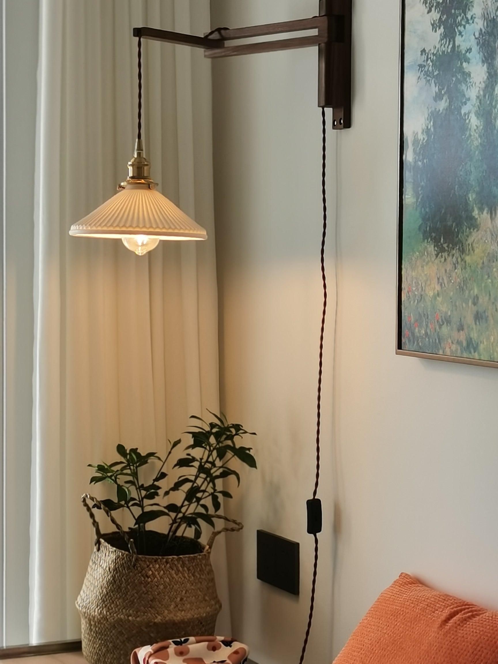 modern-walnut-wood-retractable-wall-sconce-with-pleated-ceramic-shade-and-adjustable-arm