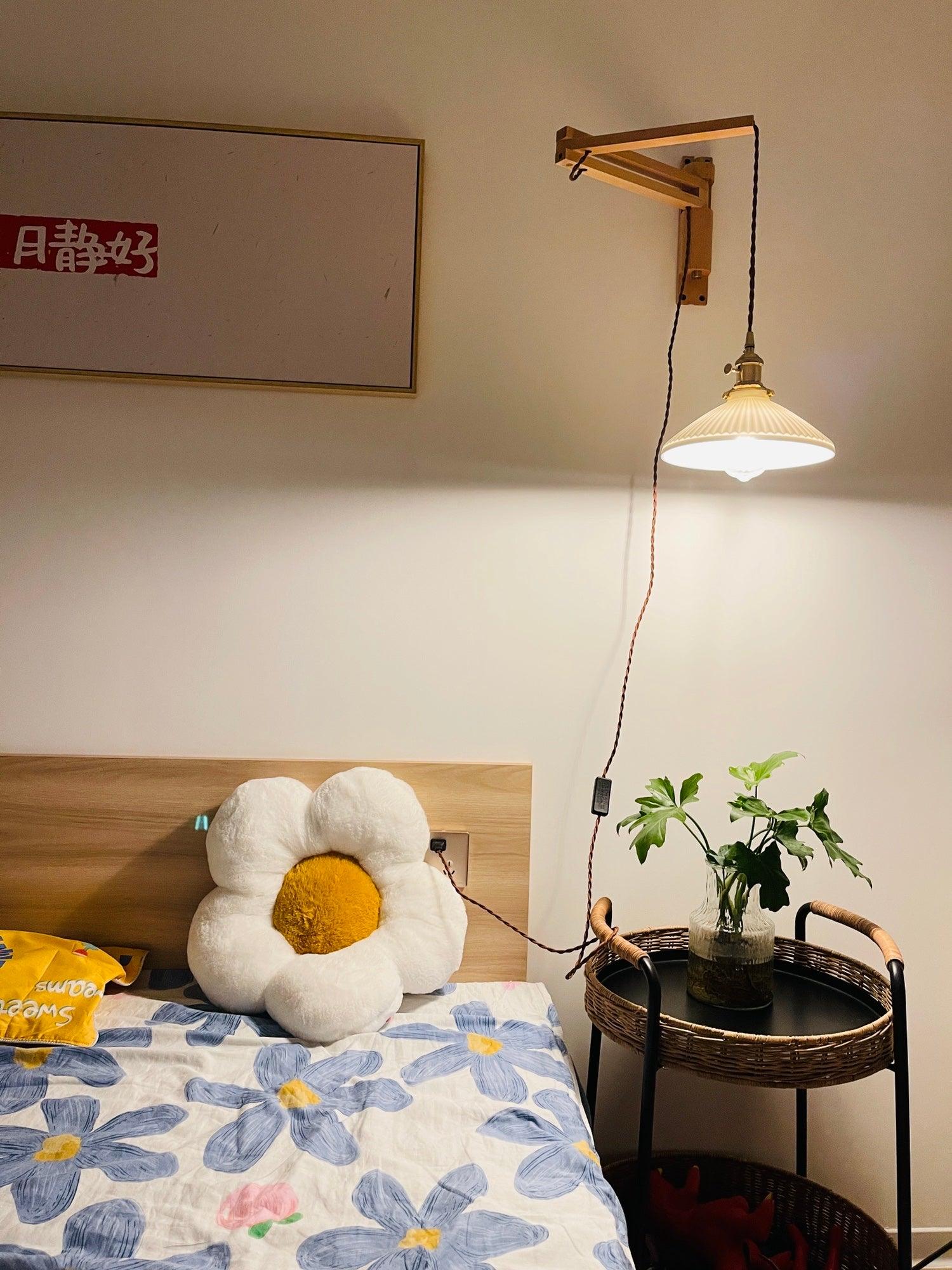modern-walnut-wood-retractable-wall-sconce-with-pleated-ceramic-shade-and-adjustable-arm