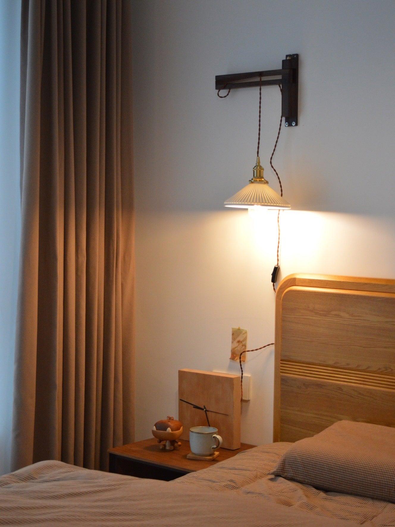 modern-walnut-wood-retractable-wall-sconce-with-pleated-ceramic-shade-and-adjustable-arm