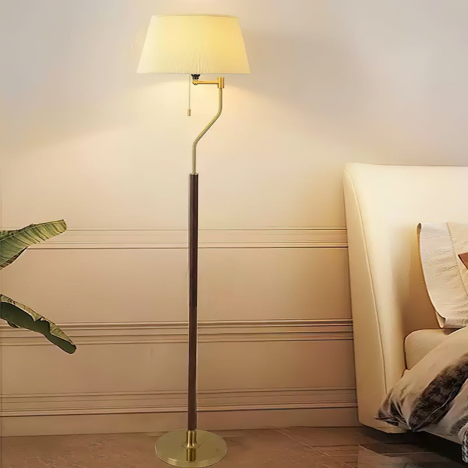 Modern Arched Floor Lamp with Walnut Pole and Gold Iron Base Standing Light