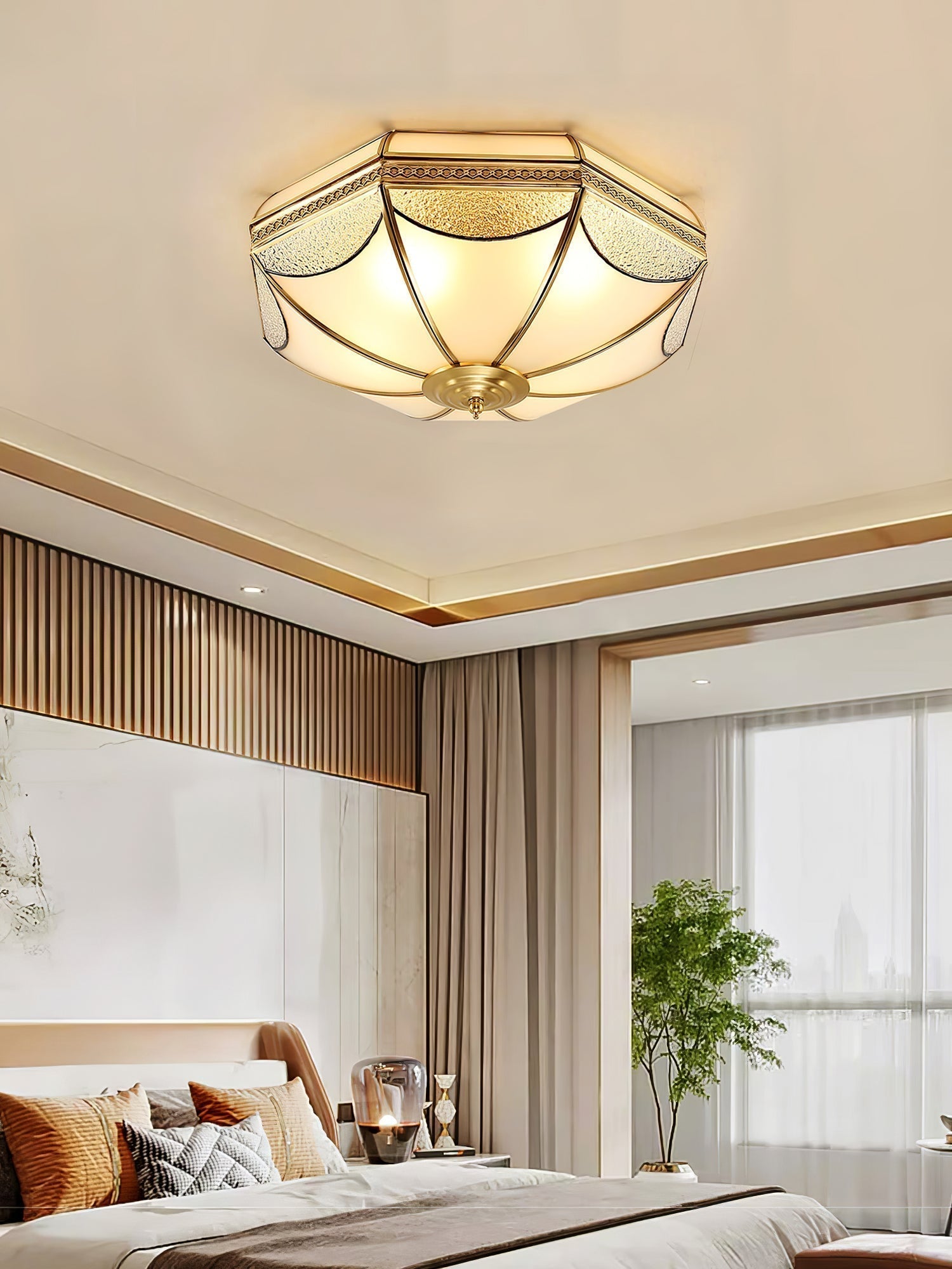 Vintage Brass Dome Ceiling Light with White Glass Shade Flush Mount Industrial Lamp