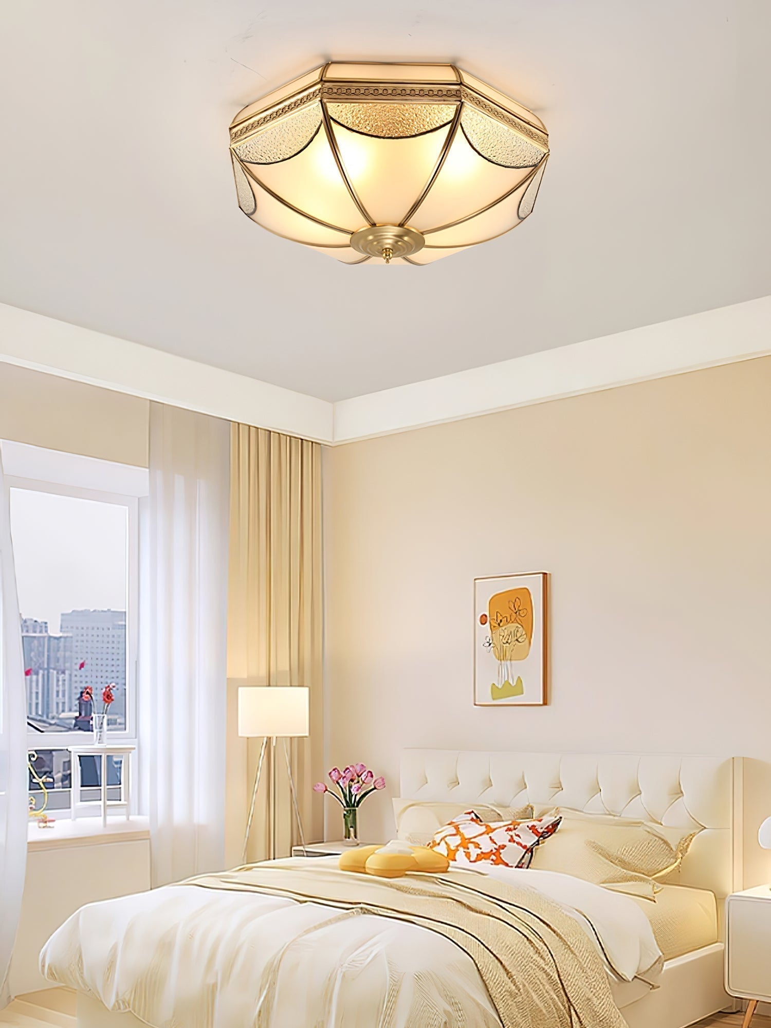Vintage Brass Dome Ceiling Light with White Glass Shade Flush Mount Industrial Lamp