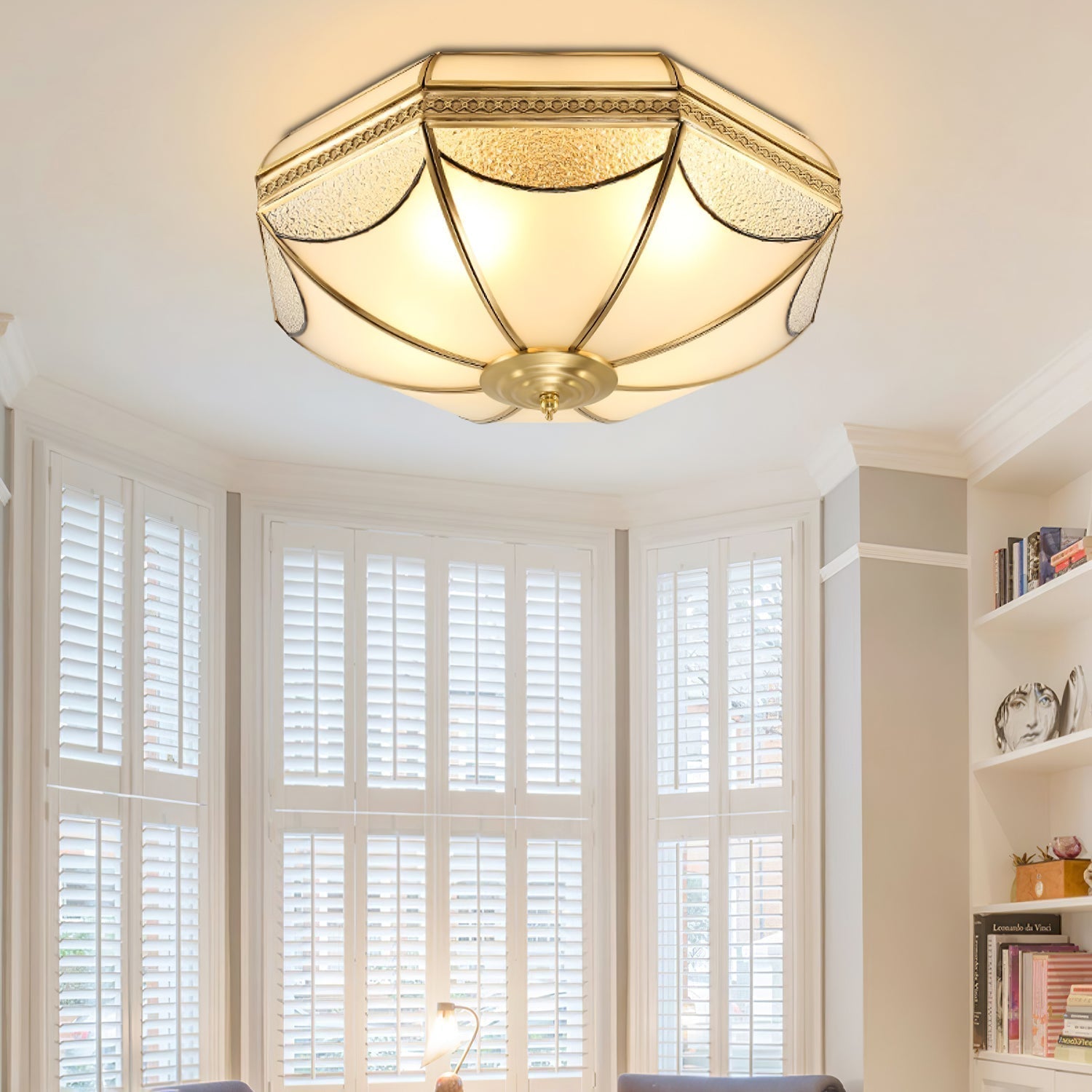 Vintage Brass Dome Ceiling Light with White Glass Shade Flush Mount Industrial Lamp