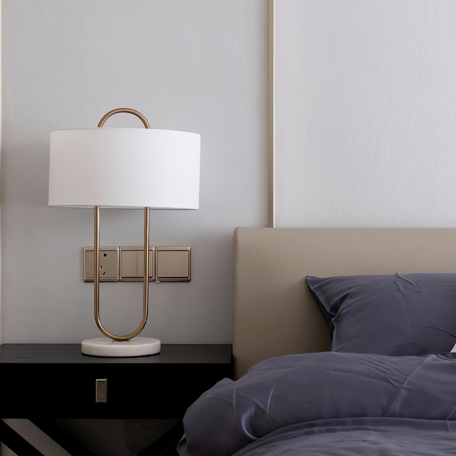 Modern Gold Bedside Table Lamp with White Linen Shade and Elegant Marble Base Design
