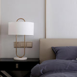 Modern Gold Bedside Table Lamp with White Linen Shade and Elegant Marble Base Design