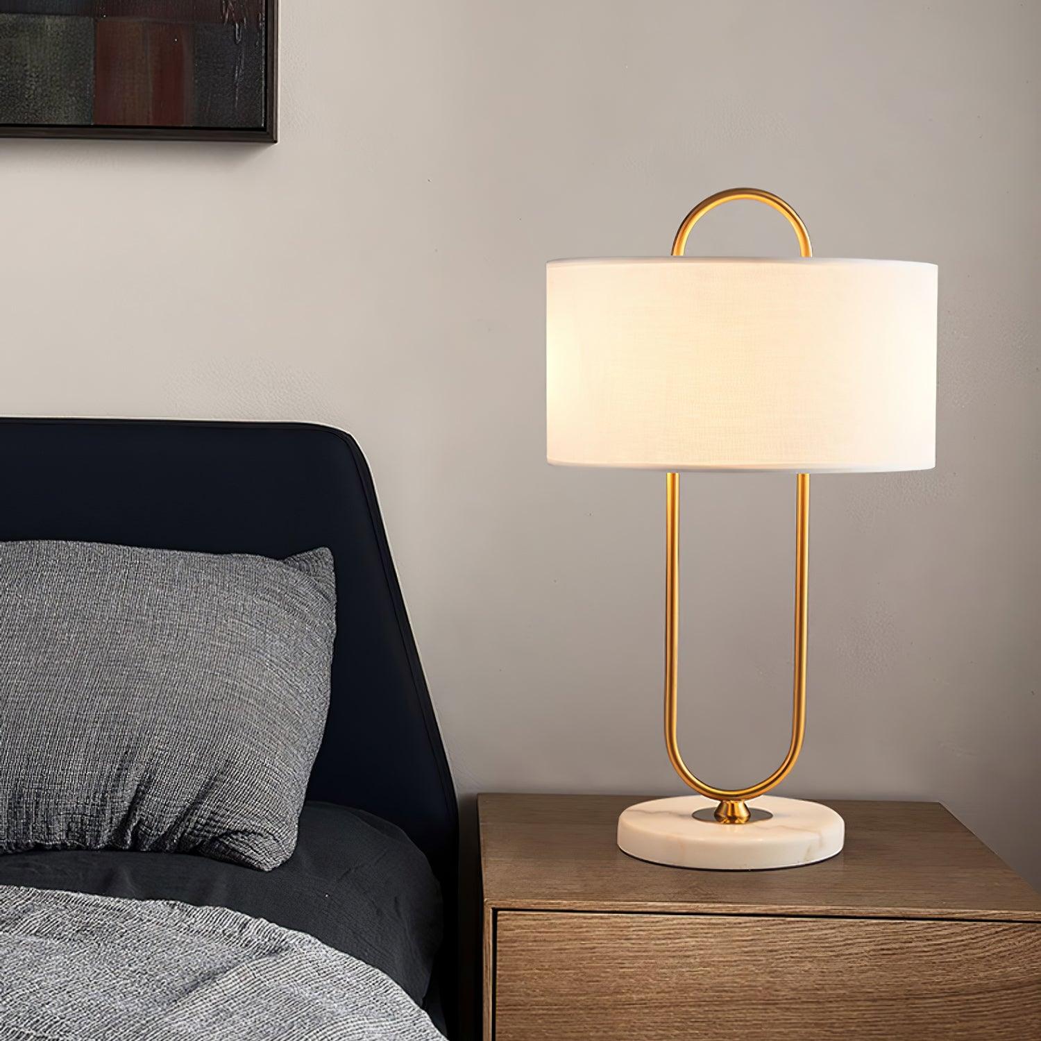 Modern Gold Bedside Table Lamp with White Linen Shade and Elegant Marble Base Design