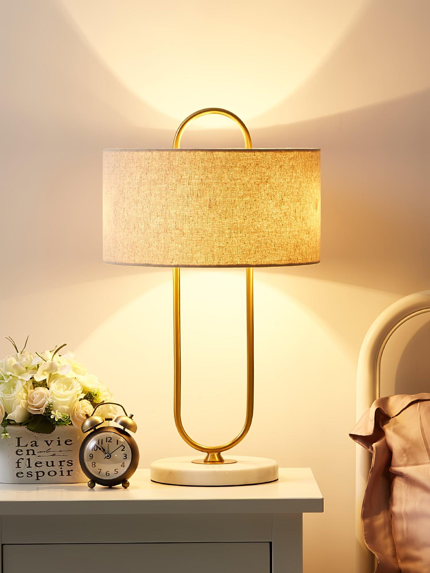 Modern Gold Bedside Table Lamp with White Linen Shade and Elegant Marble Base Design
