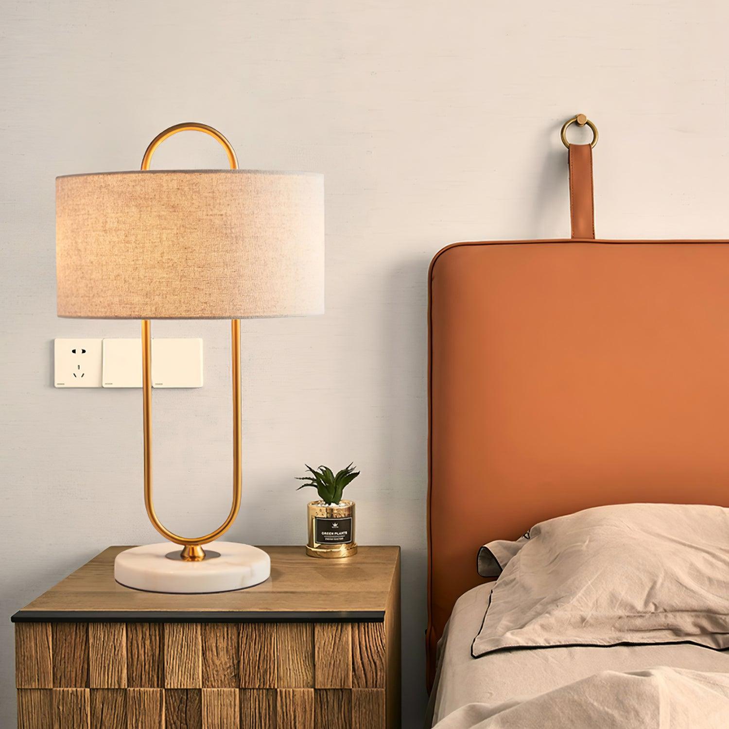 Modern Gold Bedside Table Lamp with White Linen Shade and Elegant Marble Base Design