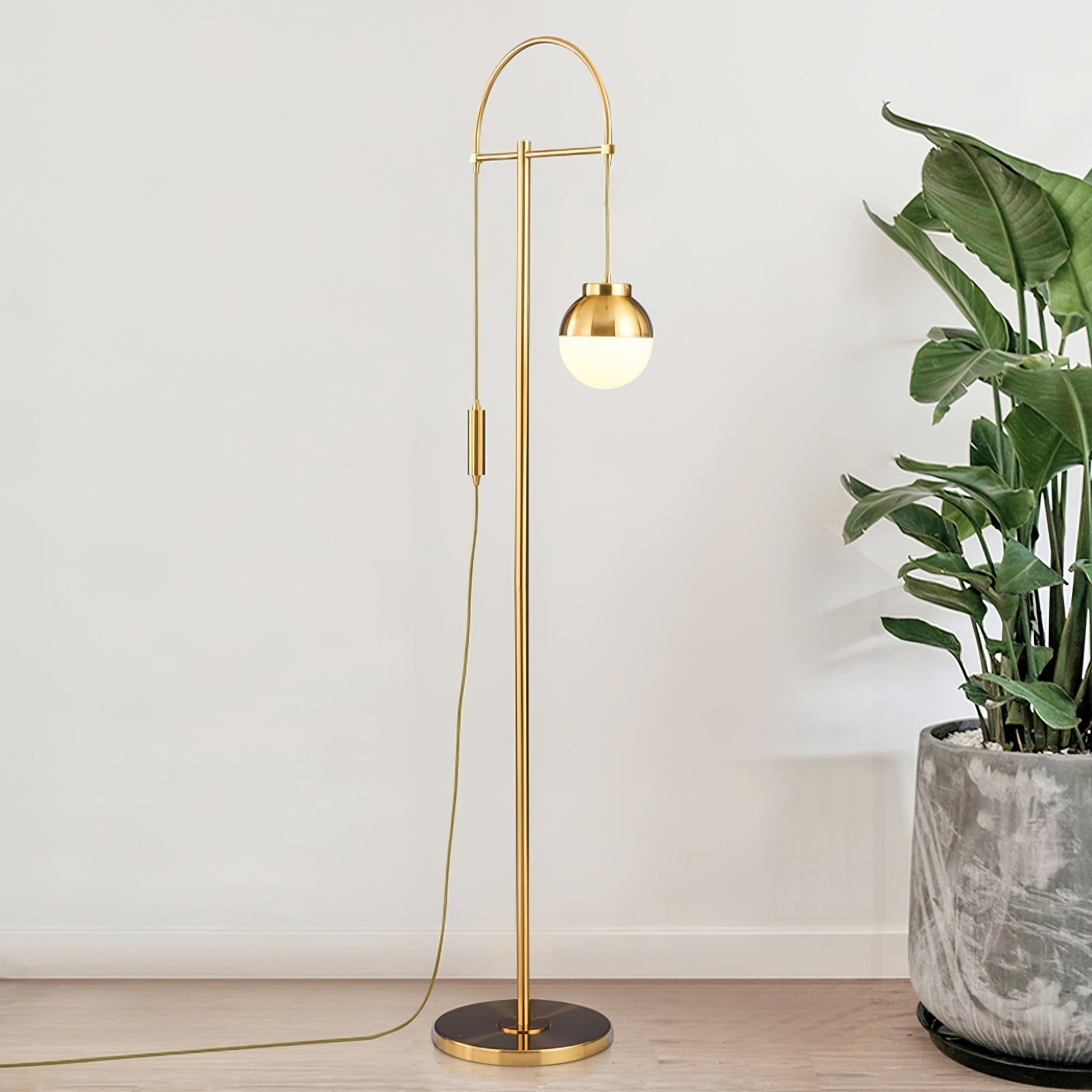 Modern Arc Floor Standing Lamp with Frosted Glass Globe and Brushed Brass Gold Finish