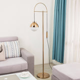 Modern Arc Floor Standing Lamp with Frosted Glass Globe and Brushed Brass Gold Finish