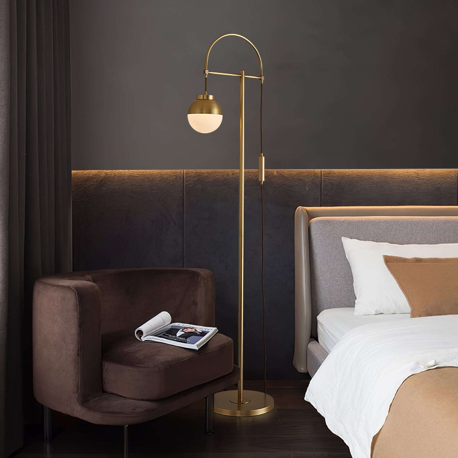 Modern Arc Floor Standing Lamp with Frosted Glass Globe and Brushed Brass Gold Finish