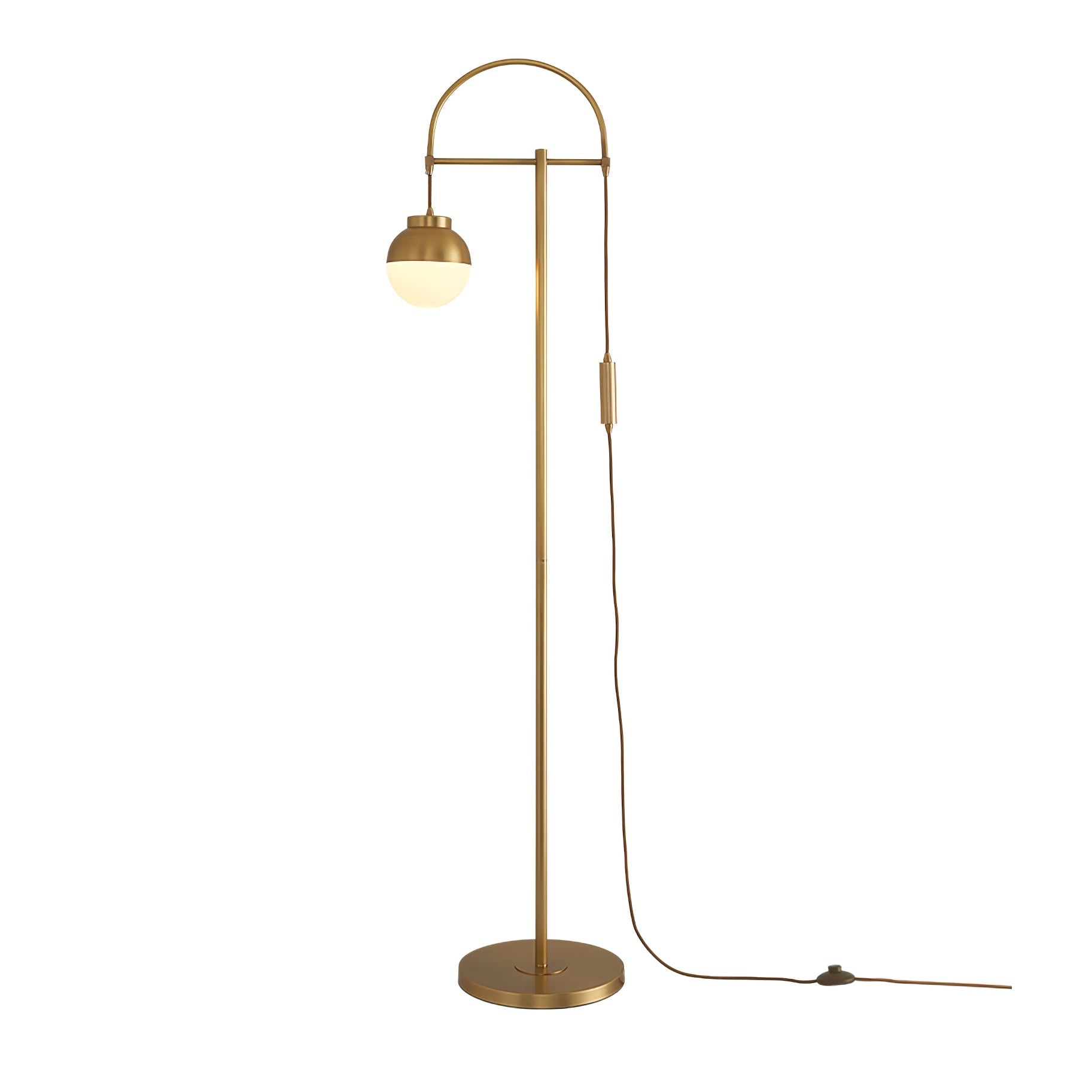 Modern Arc Floor Standing Lamp with Frosted Glass Globe and Brushed Brass Gold Finish