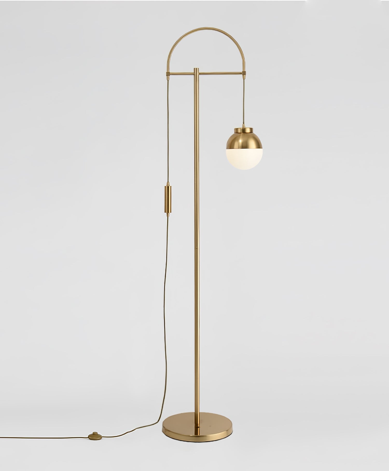 Modern Arc Floor Standing Lamp with Frosted Glass Globe and Brushed Brass Gold Finish