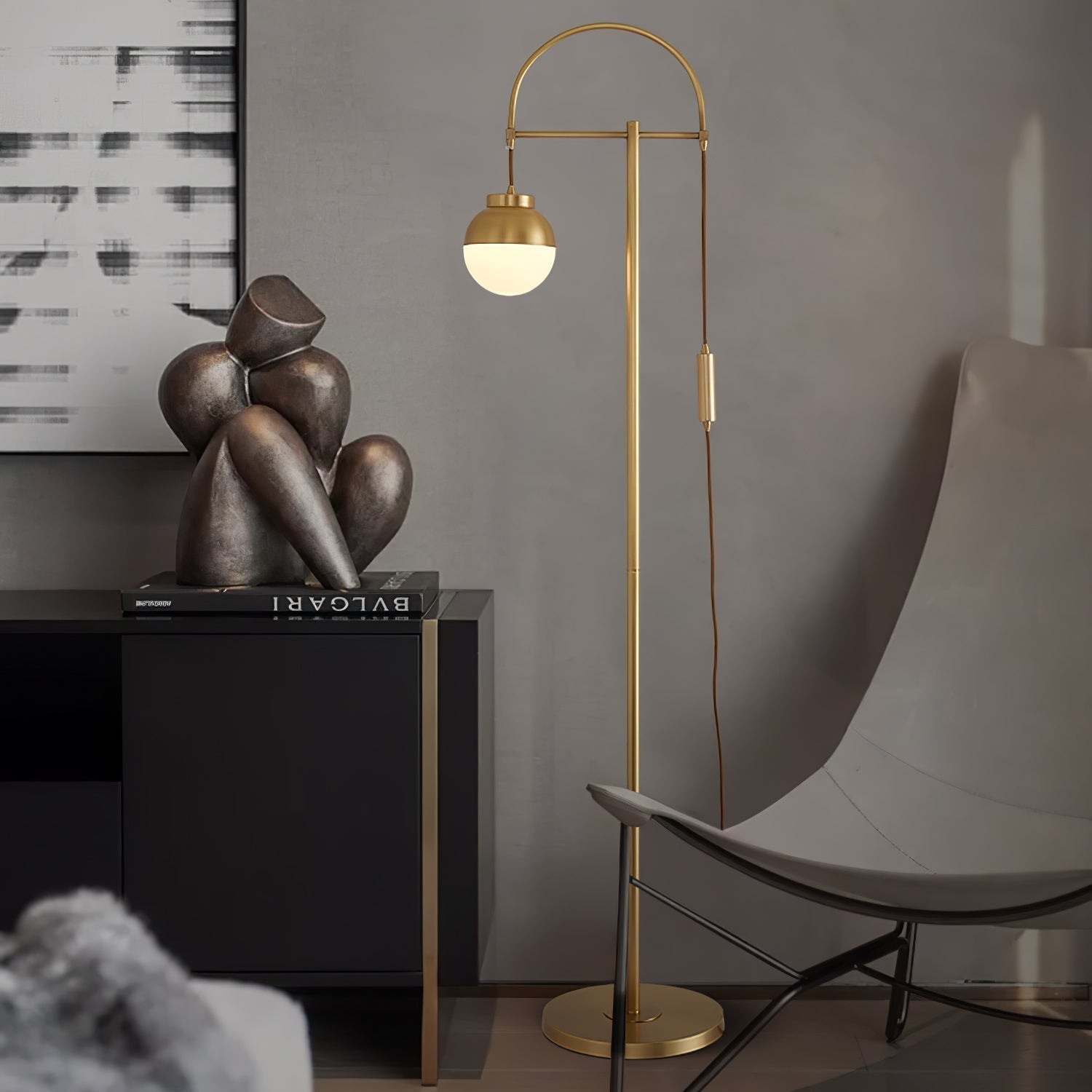 Modern Arc Floor Standing Lamp with Frosted Glass Globe and Brushed Brass Gold Finish
