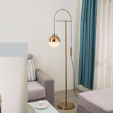 Modern Arc Floor Standing Lamp with Frosted Glass Globe and Brushed Brass Gold Finish