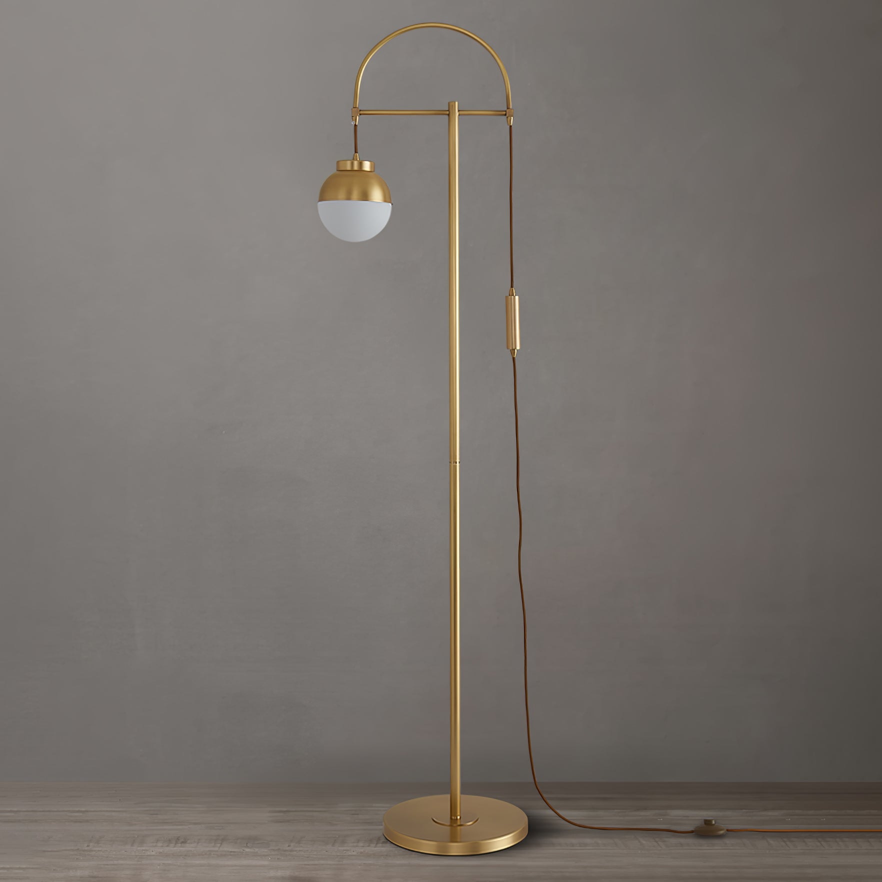Modern Arc Floor Standing Lamp with Frosted Glass Globe and Brushed Brass Gold Finish