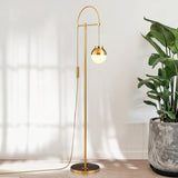 Modern Arc Floor Standing Lamp with Frosted Glass Globe and Brushed Brass Gold Finish