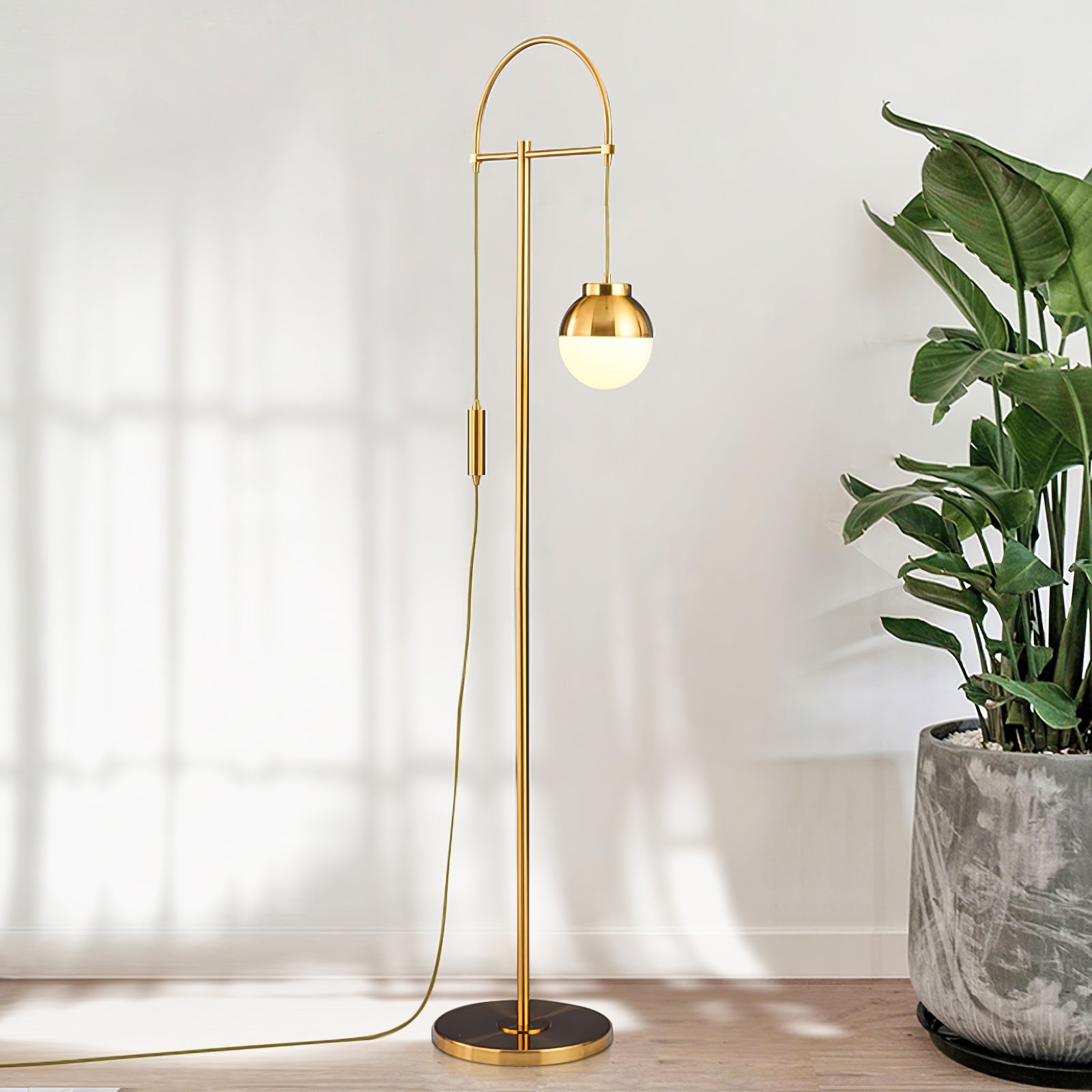 Modern Arc Floor Standing Lamp with Frosted Glass Globe and Brushed Brass Gold Finish