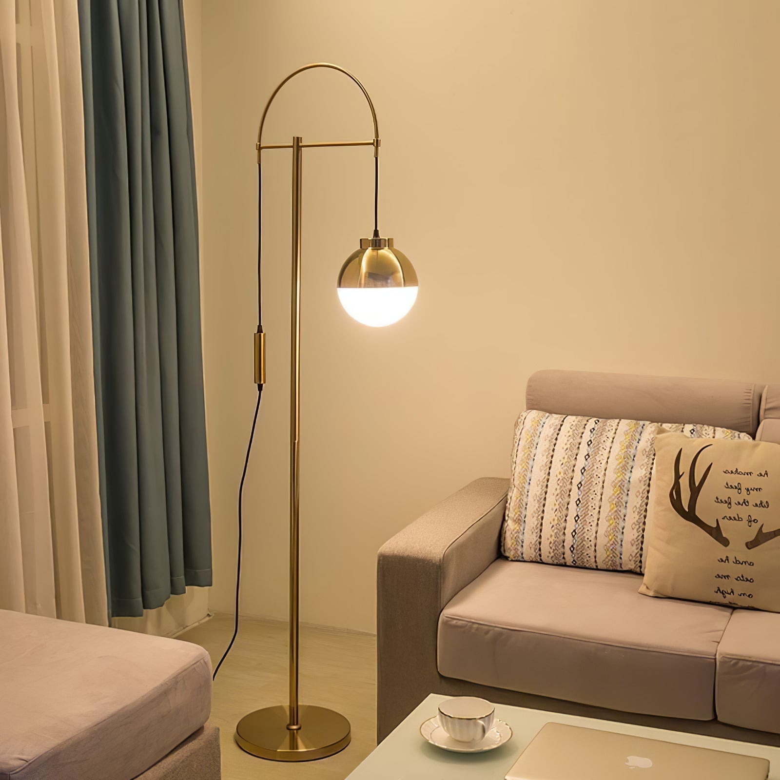 Modern Arc Floor Standing Lamp with Frosted Glass Globe and Brushed Brass Gold Finish