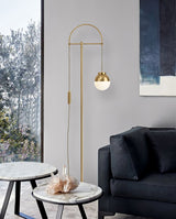 Modern Arc Floor Standing Lamp with Frosted Glass Globe and Brushed Brass Gold Finish