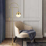 Modern Arc Floor Standing Lamp with Frosted Glass Globe and Brushed Brass Gold Finish