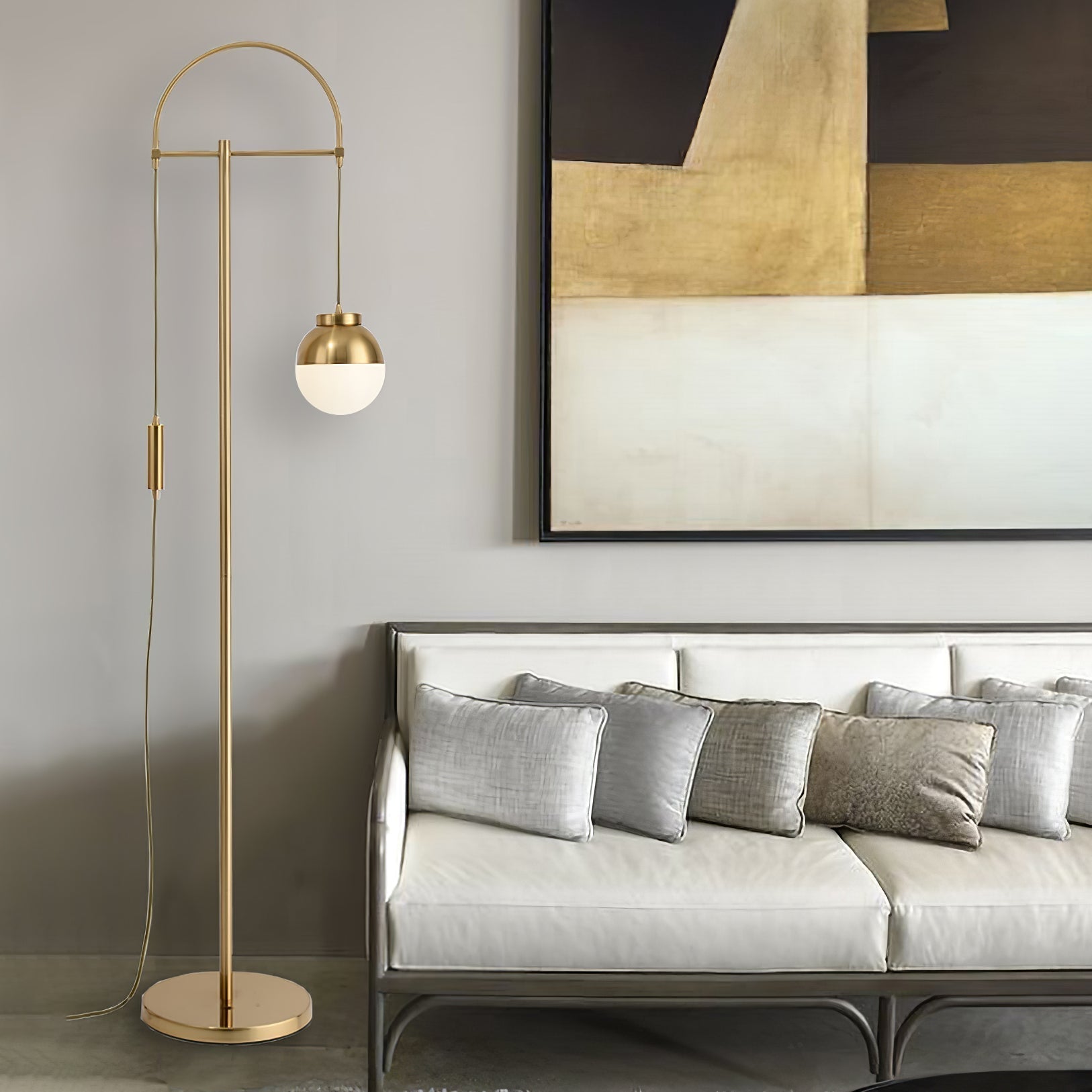 Modern Arc Floor Standing Lamp with Frosted Glass Globe and Brushed Brass Gold Finish
