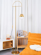 Modern Arc Floor Standing Lamp with Frosted Glass Globe and Brushed Brass Gold Finish