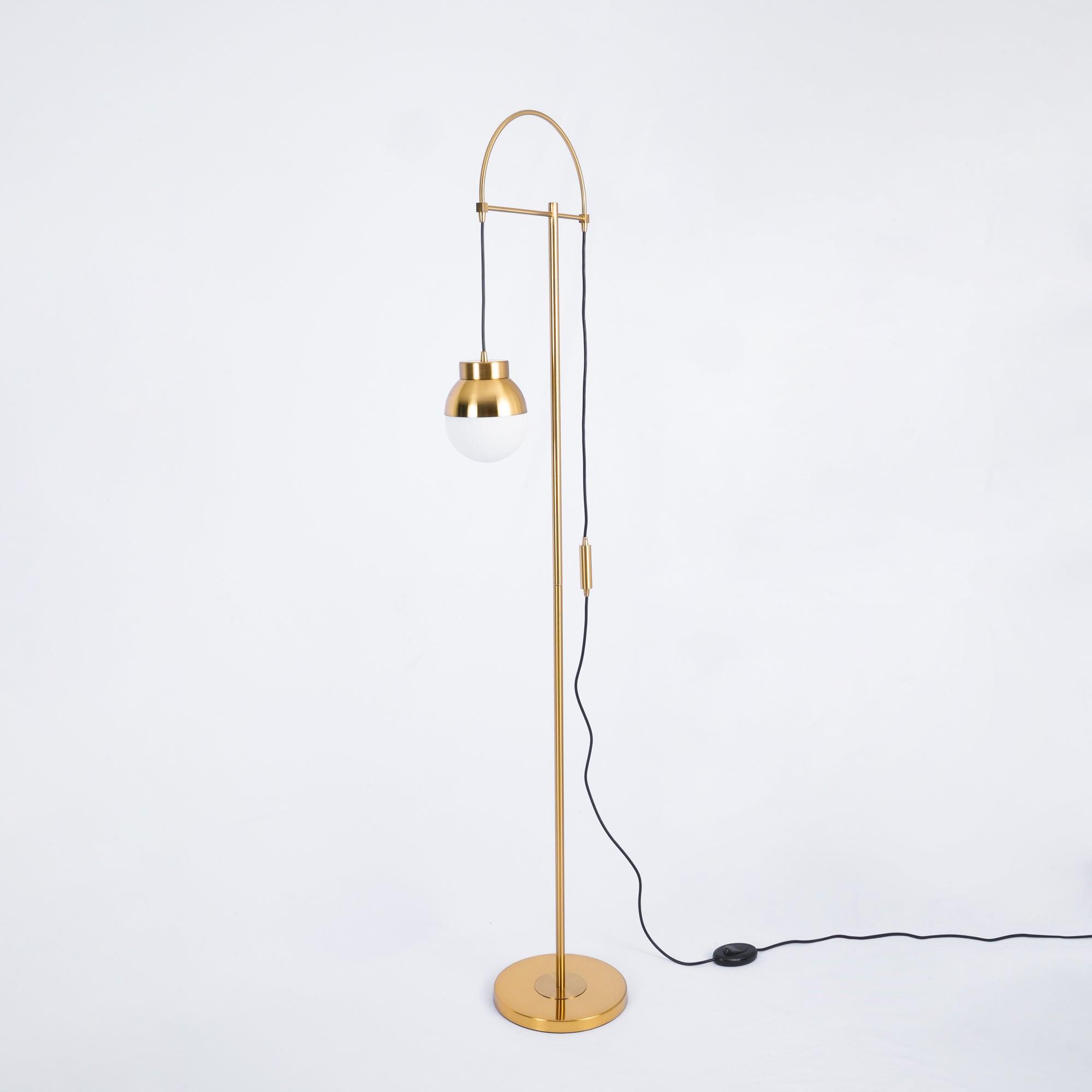 Modern Arc Floor Standing Lamp with Frosted Glass Globe and Brushed Brass Gold Finish