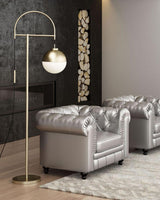 Modern Arc Floor Standing Lamp with Frosted Glass Globe and Brushed Brass Gold Finish