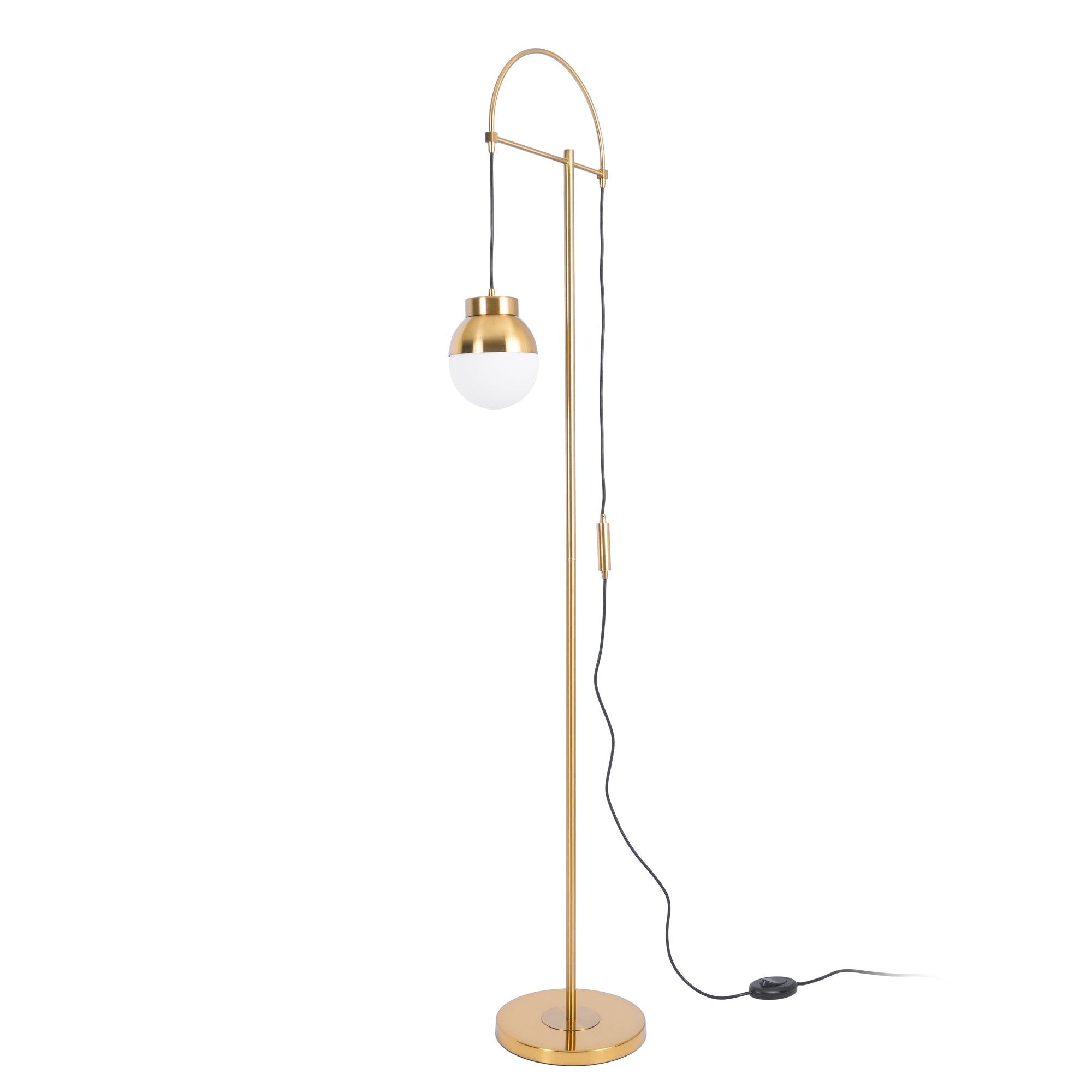Modern Arc Floor Standing Lamp with Frosted Glass Globe and Brushed Brass Gold Finish
