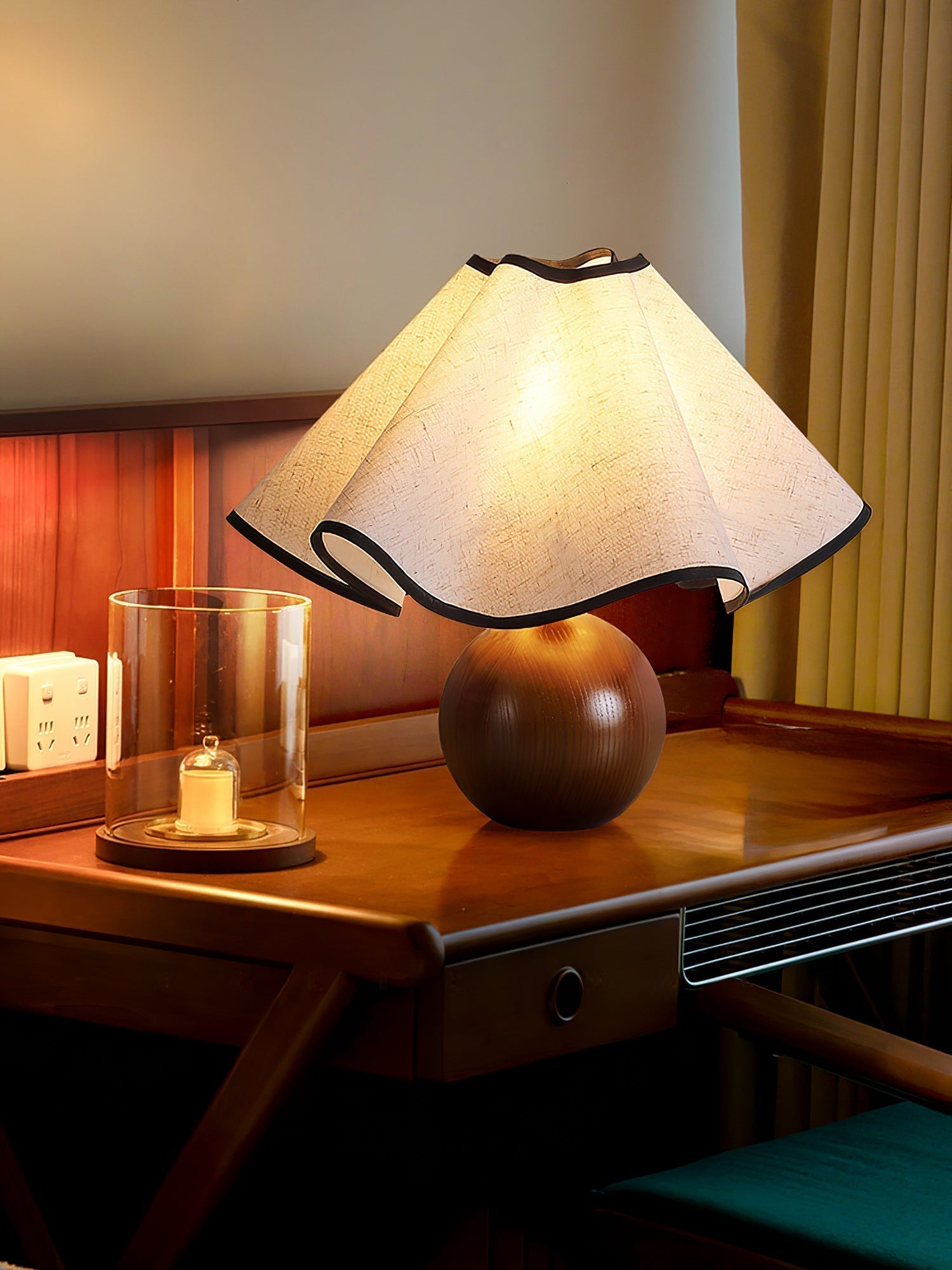 Wavecrest Modern Bedside Table Lamp with Wooden Base and Draped Linen Fabric Shade