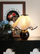 Wavecrest Modern Bedside Table Lamp with Wooden Base and Draped Linen Fabric Shade