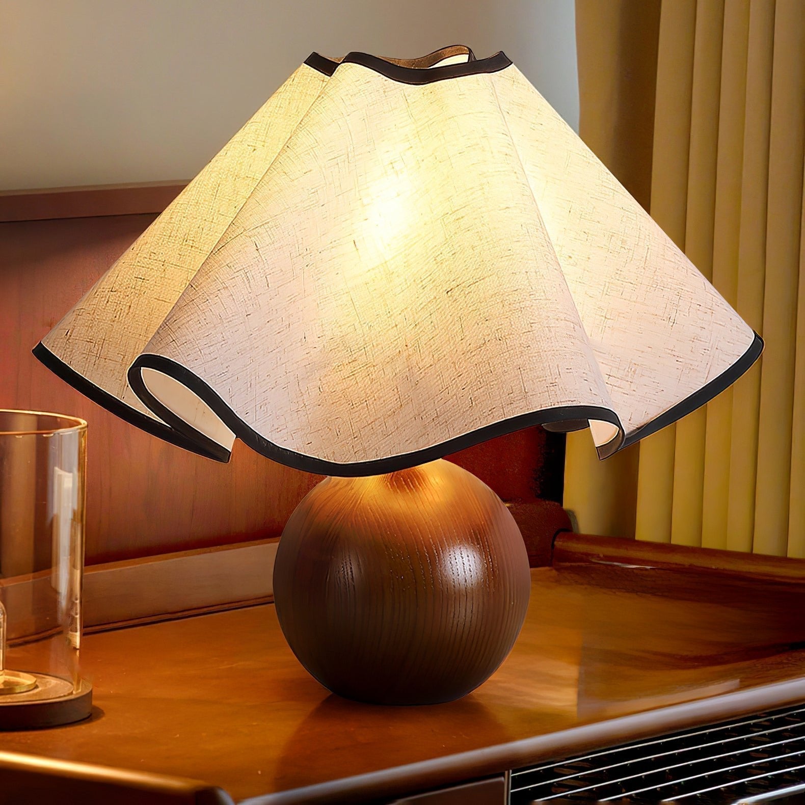 Wavecrest Modern Bedside Table Lamp with Wooden Base and Draped Linen Fabric Shade