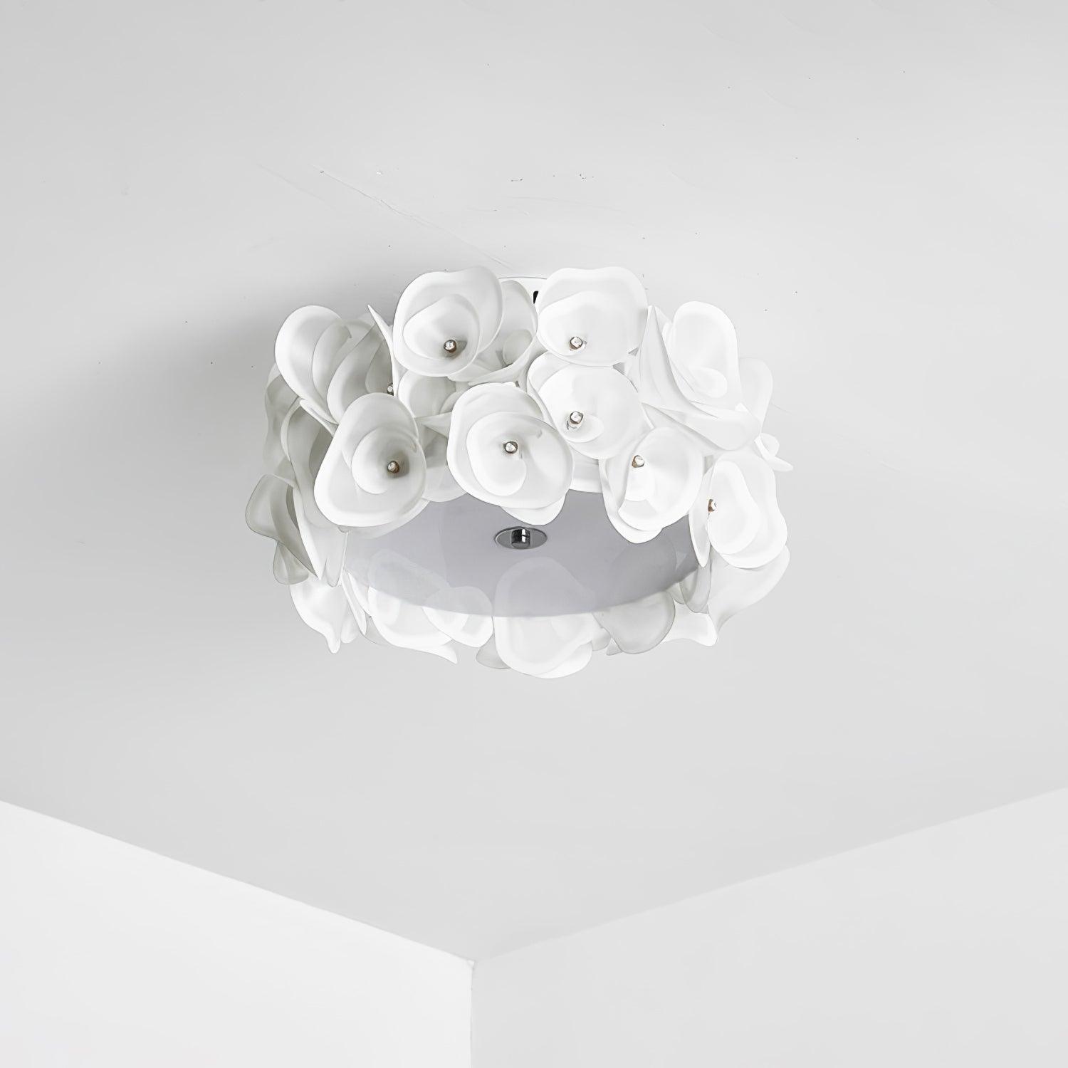 White Hydrangea Floral Petal Semi Flush Mount Ceiling Lamp for Bedroom and Living Room