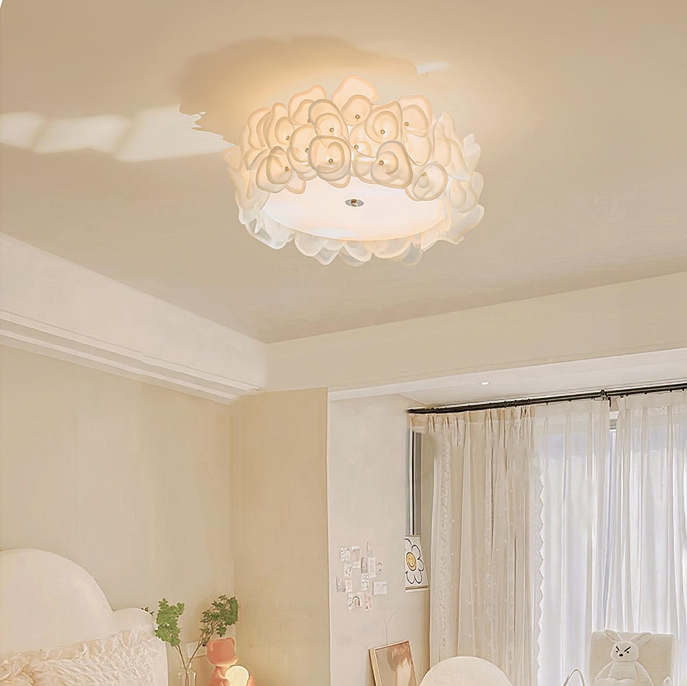 White Hydrangea Floral Petal Semi Flush Mount Ceiling Lamp for Bedroom and Living Room