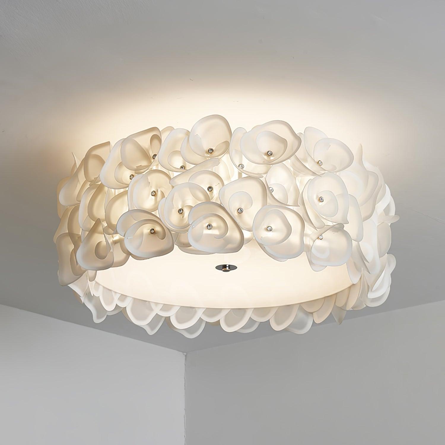White Hydrangea Floral Petal Semi Flush Mount Ceiling Lamp for Bedroom and Living Room