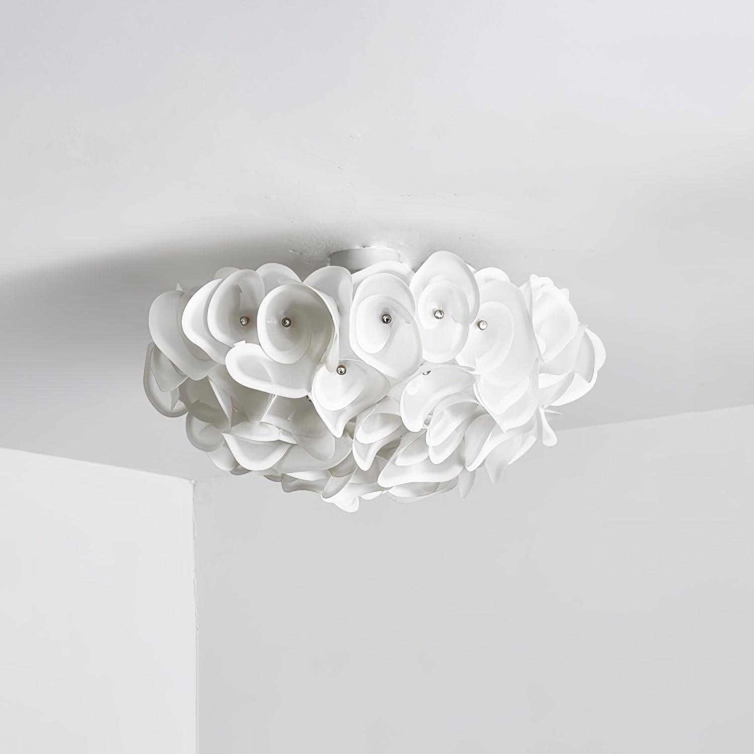 White Hydrangea Floral Petal Semi Flush Mount Ceiling Lamp for Bedroom and Living Room