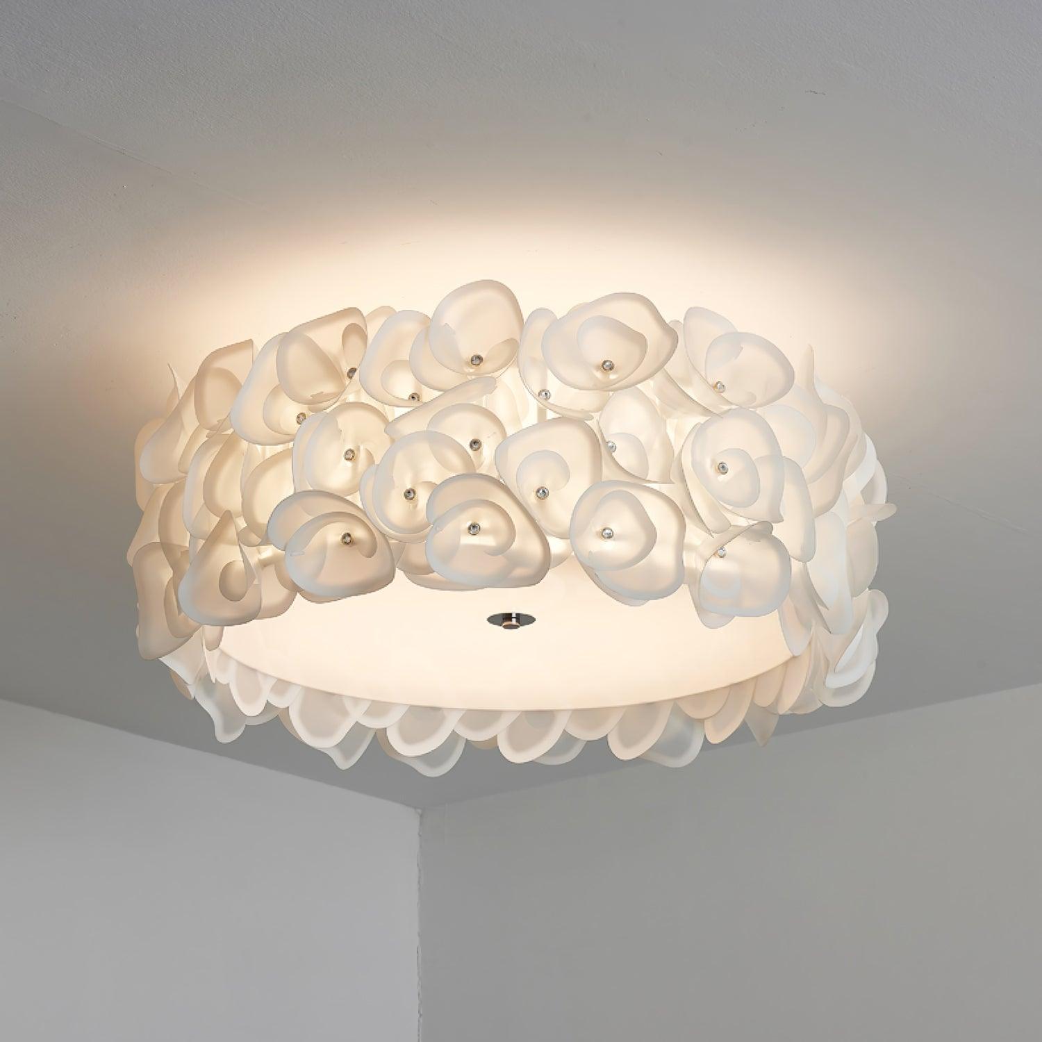 White Hydrangea Floral Petal Semi Flush Mount Ceiling Lamp for Bedroom and Living Room