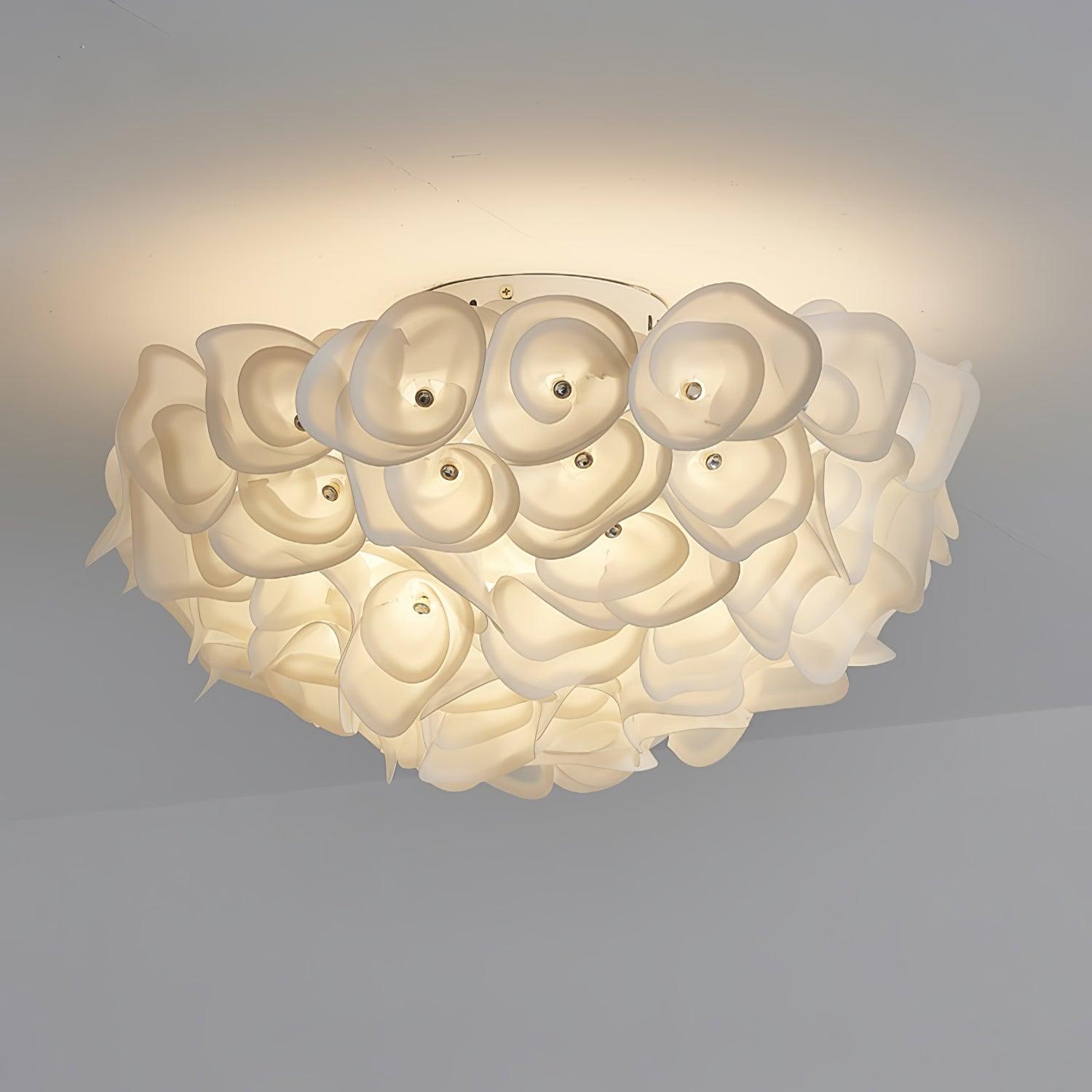 White Hydrangea Floral Petal Semi Flush Mount Ceiling Lamp for Bedroom and Living Room
